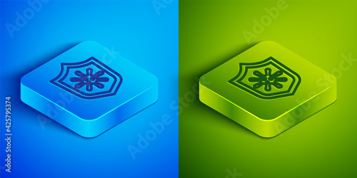 Isometric line Shield protecting from virus, germs and bacteria icon isolated on blue and green background. Immune system concept. Corona virus 2019-nCoV. Square button. Vector