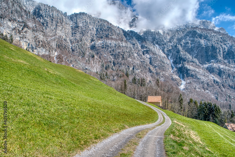 Spring landscape with hiking trail in the Alps with fresh green mountain pastures and snow-capped mountain tops in the background. Spring landscape. Switzerland, Europe

