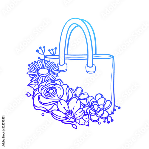 Bag Fashion Rose Flower with Vintage Shopping Design. Woman Floral frame ornament vector style. Decoration Design Wreat illustration.