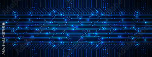 Abstract Technology Background, blue circuit board pattern with electric light, microchip, power line