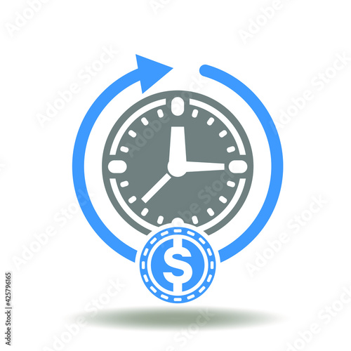 Clock with coin dollar and round arrow vector icon. Factoring symbol. Delay postponement pay illustration. Deferment of payment sign.