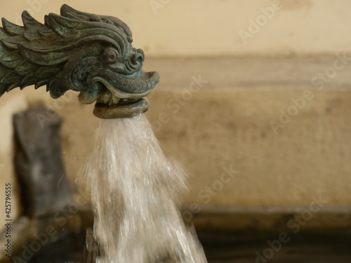 Cast iron fountain in the shape of dragon head  gushing water.
