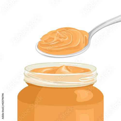 Peanut butter in glass jar and spoon isolated on white. Vector illustration in cartoon flat style.