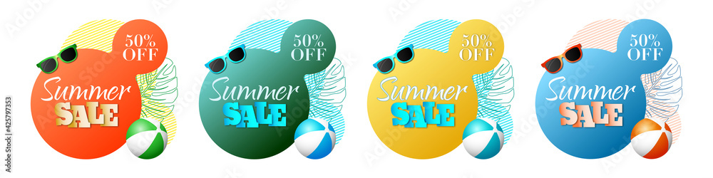 Naklejka premium Set of Summer sale banner template. Liquid abstract geometric bubble with tropic flowers