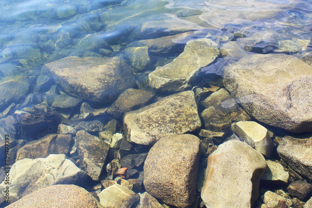 Transparent clear water in the lake. Close-up. Background. Texture.