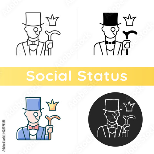 Aristocratic elite icon. Posh gentleman with monocle. Rich person, wealthy victorian man. Upper social class. Society classification. Linear black and RGB color styles. Isolated vector illustrations