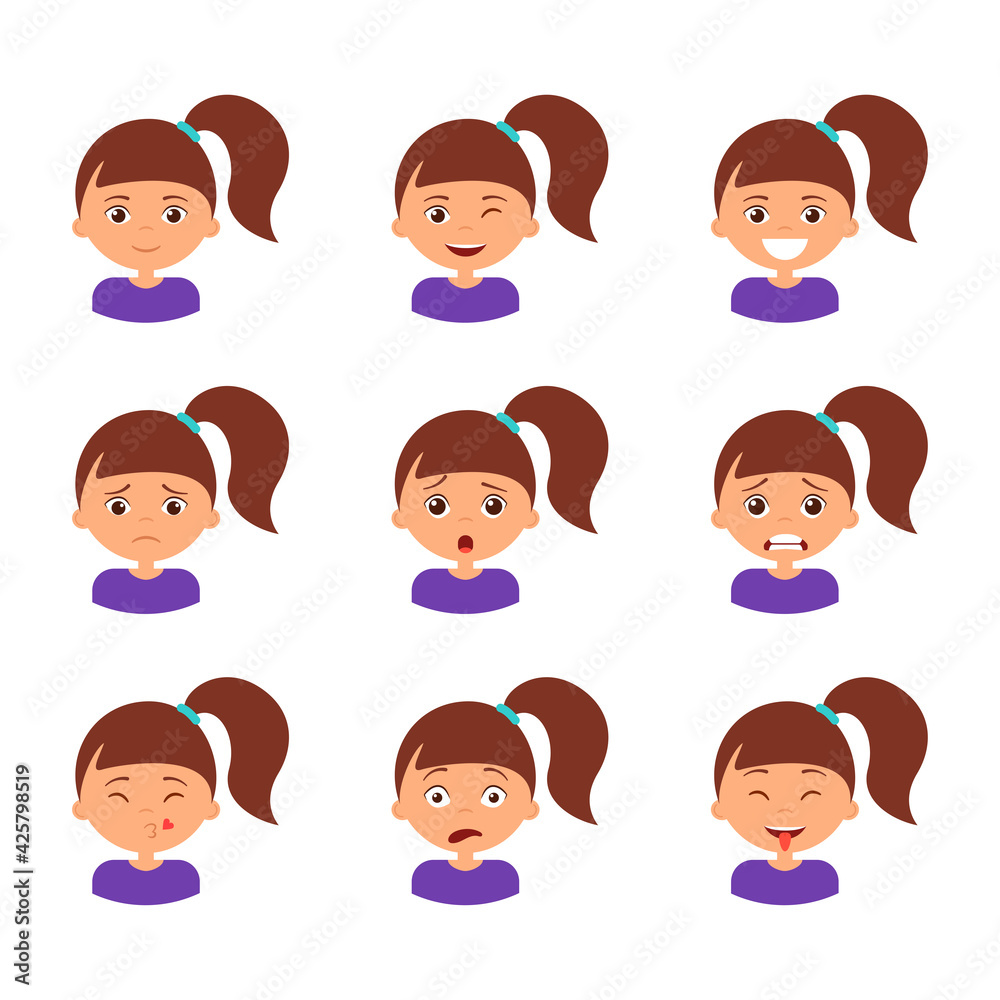 Different girl emotion set. Collection character expression. Children emoticon, avatar clipart Different girl emotion set. Collection character expression. Children emoticon, avatar clipart
