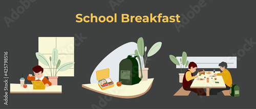 School boys eating at cafeteria from lunch box. Collection of school study illustrations. Backpack and lunchbox at the table. Editable Vector