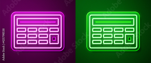 Glowing neon line Calculator icon isolated on purple and green background. Accounting symbol. Business calculations mathematics education and finance. Vector