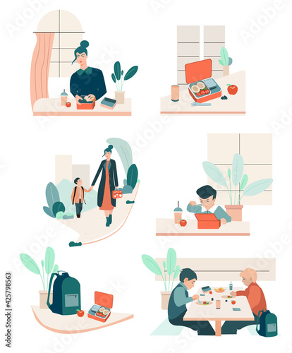 Collection of morning routine school illustrations. Mom cooks breakfast, preapares lunch box. Mother and son go to school. Editable vector