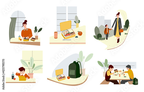 Collection of morning routine school illustrations. Mom cooks breakfast, preapares lunch box. Mother and songo to school. Editable vector
