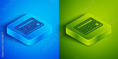 Isometric line Calculator icon isolated on blue and green background. Accounting symbol. Business calculations mathematics education and finance. Square button. Vector