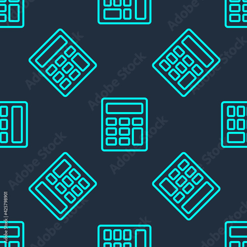 Green line Calculator icon isolated seamless pattern on blue background. Accounting symbol. Business calculations mathematics education and finance. Vector