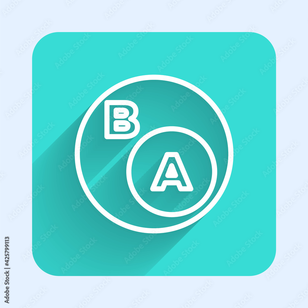 White line Subsets, mathematics, a is subset of b icon isolated with long shadow. Green square button. Vector White line Subsets, mathematics, a is subset of b icon isolated with long shadow. Green square button. Vector