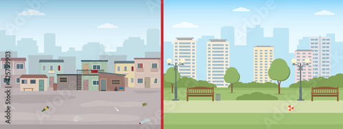 Old ruined houses and modern city. Contrast of modern buildings and poor slums. Flat style vector illustration. 