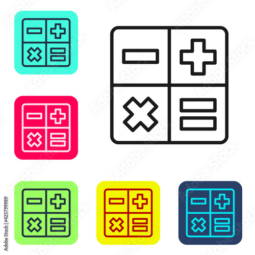 Black line Calculator icon isolated on white background. Accounting symbol. Business calculations mathematics education and finance. Set icons in color square buttons. Vector