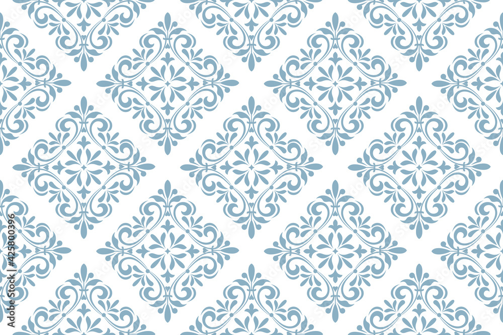 Wallpaper in the style of Baroque. Seamless vector background. White and blue floral ornament. Graphic pattern for fabric, wallpaper, packaging. Ornate Damask flower ornament Wallpaper in the style of Baroque. Seamless vector background. White and blue floral ornament. Graphic pattern for fabric, wallpaper, packaging. Ornate Damask flower ornament
