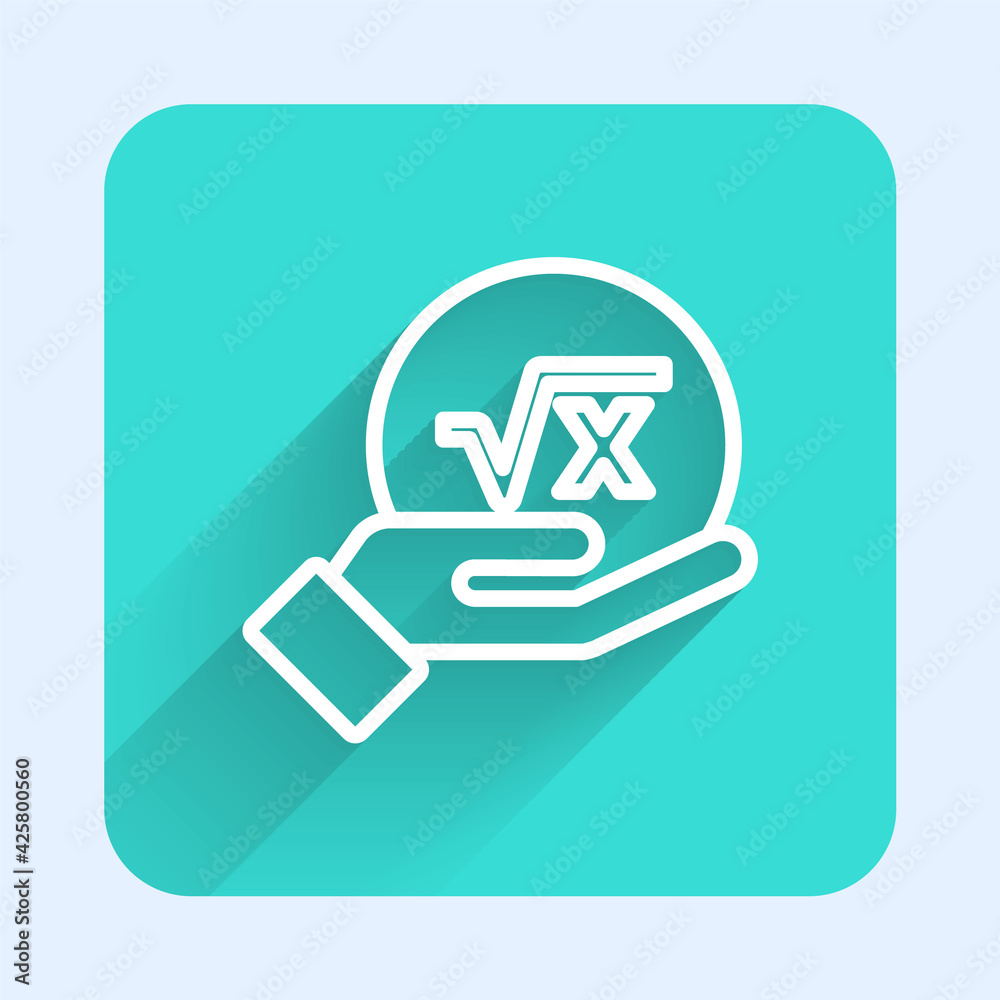 White line Square root of x glyph icon isolated with long shadow. Mathematical expression. Green square button. Vector White line Square root of x glyph icon isolated with long shadow. Mathematical expression. Green square button. Vector