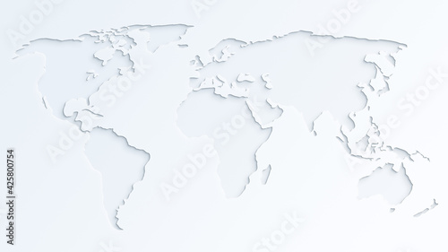 Light gray world map on almost white background. Paper cut out effect. 4k resolution.