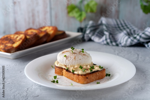 Poached egg with mayonnaise and micro-greens. Delicious breakfast. Healthy food