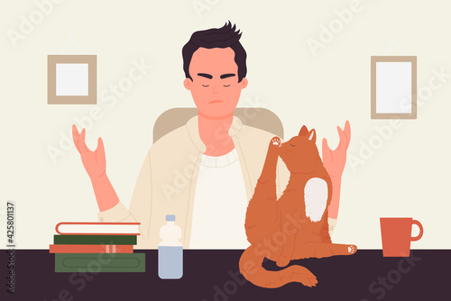 Pet owner people and own animals vector illustration. Cartoon cat washing licking, young man character scolding funny cute kitty trying to lick leg, sitting on table in home room interior background