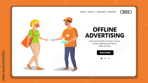 Offline Advertising, Worker Give Leaflet Vector. Offline Advertising Occupation Promoter On Street, Man With Badge Giving Advertise Flyer To Woman. Characters Web Flat Cartoon Illustration