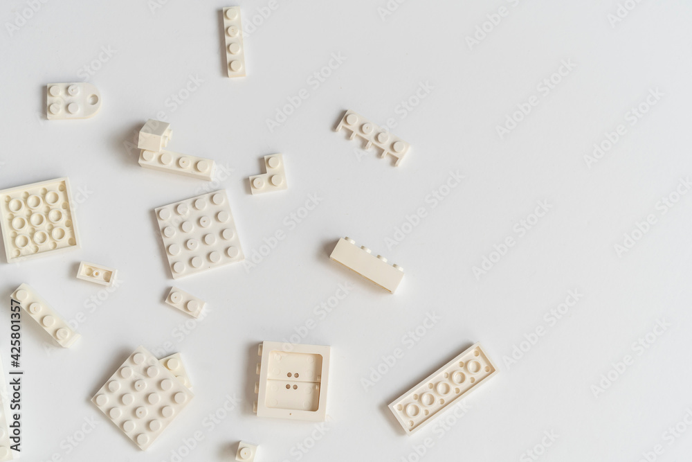 flat lay toy bricks and blocks of constructor, learning and development