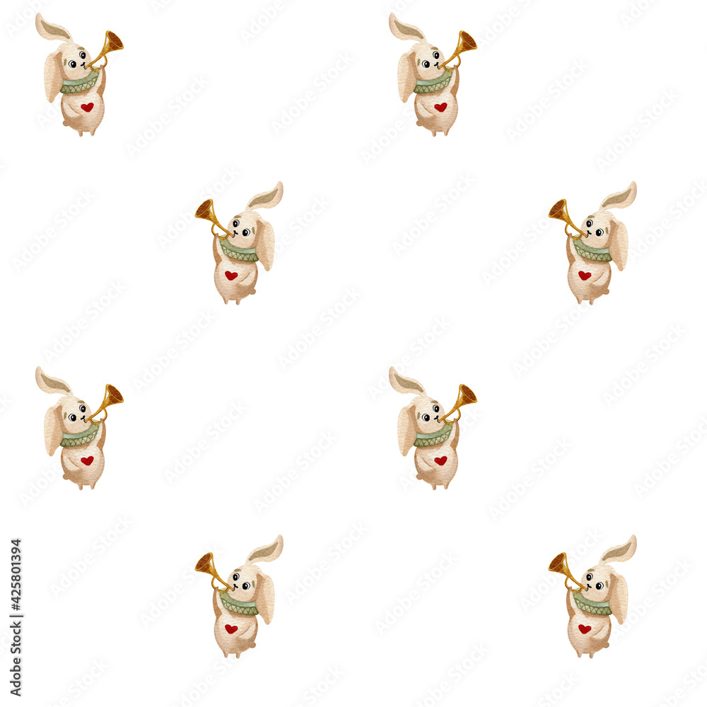 Watercolor pattern with cute magical rabbit with musical tube on white background. Ideal for fabric, wrapping and children
Watercolor pattern with cute magical rabbit with musical tube on white background. Ideal for fabric, wrapping and children