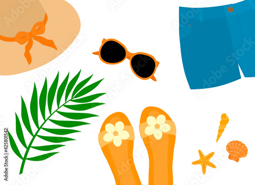 Summer travel postcard vector illustration. Beachwear sunglasses starfish shells tropical leaves 
