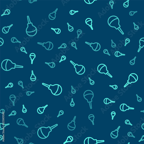 Green line Enema icon isolated seamless pattern on blue background. Enema with a plastic tip. Medical pear. Vector