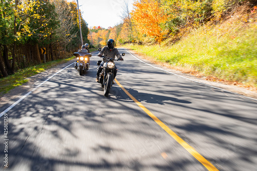 Group of friends riding motorcycles in the fall in Canada photo