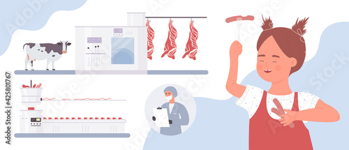 Meat sausages food industry, production process vector illustration. Cartoon girl character loves to eat delicious meat sausages, processing flowchart with industrial equipment and workers background