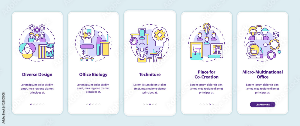 Workspace trends onboarding mobile app page screen with concepts. Diverse design, techniture walkthrough 5 steps graphic instructions. UI, UX, GUI vector template with linear color illustrations