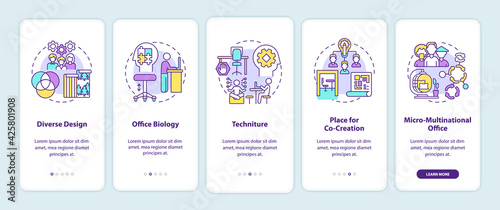 Workspace trends onboarding mobile app page screen with concepts. Diverse design, techniture walkthrough 5 steps graphic instructions. UI, UX, GUI vector template with linear color illustrations