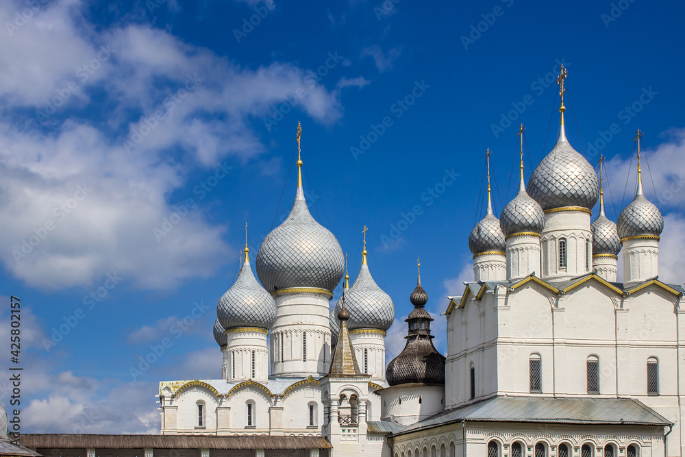 Russia, Rostov, July 2020. The sky and the Orthodox Cathedral in the Kremlin.
