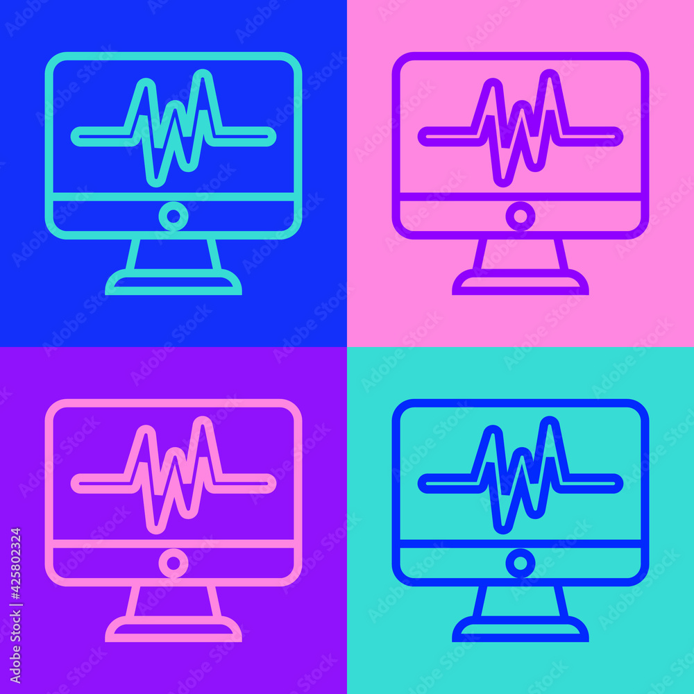 Pop art line Computer monitor with cardiogram icon isolated on color background. Monitoring icon. ECG monitor with heart beat hand drawn. Vector Pop art line Computer monitor with cardiogram icon isolated on color background. Monitoring icon. ECG monitor with heart beat hand drawn. Vector