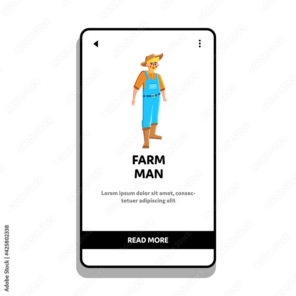 Farm Man Agronomist In Work Suit Standing Vector. Agricultural Worker Farm Man Wearing Rustic Clothes And Hat. Character Farmland Agriculture Harvester Web Flat Cartoon Illustration Farm Man Agronomist In Work Suit Standing Vector. Agricultural Worker Farm Man Wearing Rustic Clothes And Hat. Character Farmland Agriculture Harvester Web Flat Cartoon Illustration