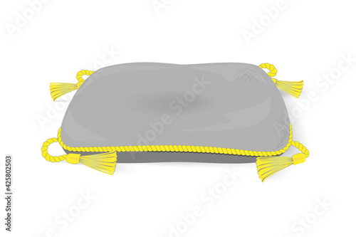 Decorative grey cushion with yellow edging and decorative gold tassels. Vector illustration in cartoon style, isolated on a white background.