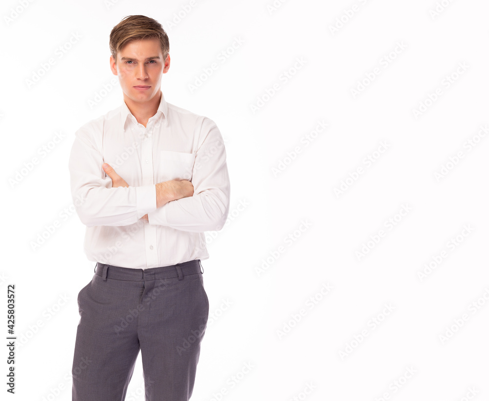 Happy confidence businessman with crossed arms with blank copy space area for text or advertising standing over isolated on white background Businessman look at camera with reliability and determined Happy confidence businessman with crossed arms with blank copy space area for text or advertising standing over isolated on white background Businessman look at camera with reliability and determined