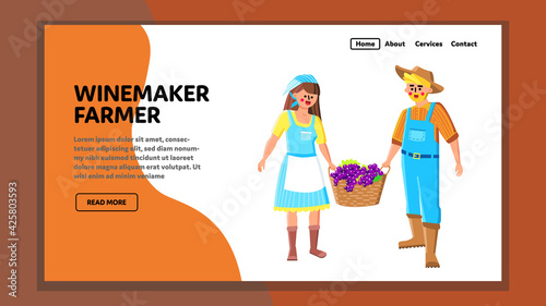 Winemaker Farmer Carrying Basket With Grape Vector. Winemaker Farmer Couple Man And Woman Harvesting Agricultural Berries For Make Alcoholic Drink. Characters Wine Makers Web Flat Cartoon Illustration
