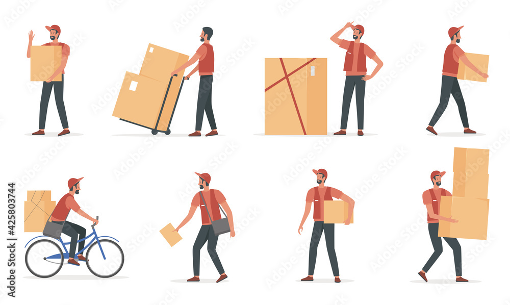 Courier people work in delivery service vector illustration set. Cartoon young deliveryman character holding cardboard box, man working, postman shipping postal parcel package isolated on white