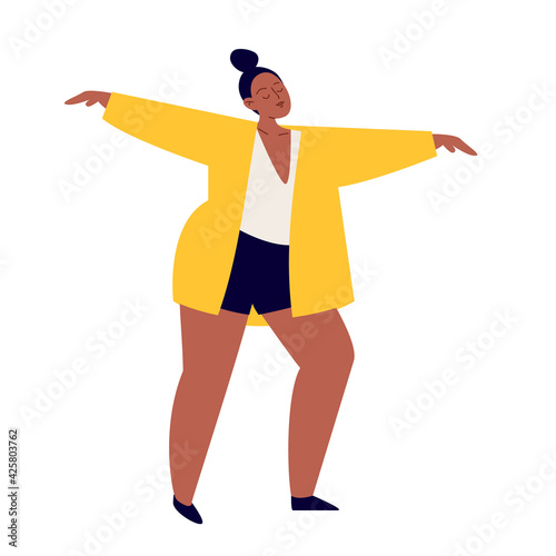 Cartoon plump woman dancing. A young pretty girl is dancing in a yellow jacket and short dark shorts. Vector stock illustration isolated on white background.