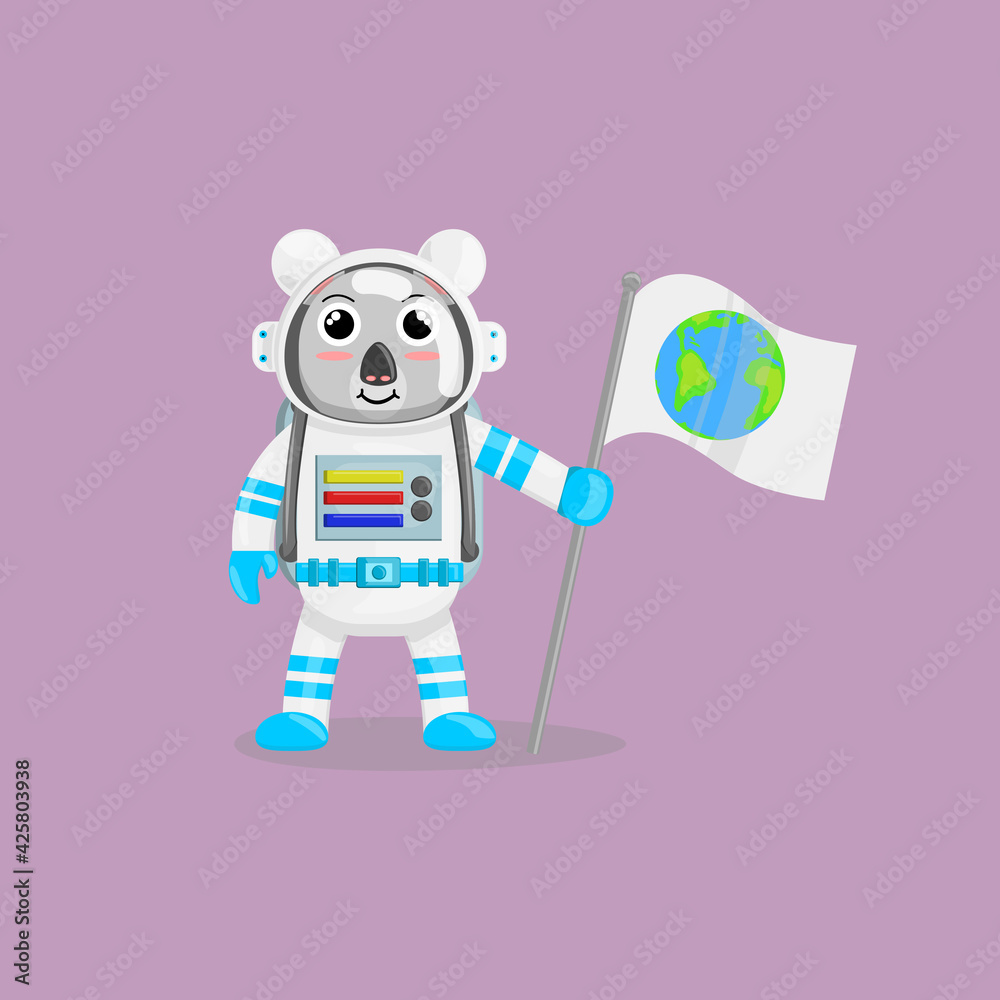 Illustration vector cartoon of cute koala astronaut holding a flag with earth logo. Childish cartoon design suitable for product design of children's books, t-shirt, greeting cards etc Illustration vector cartoon of cute koala astronaut holding a flag with earth logo. Childish cartoon design suitable for product design of children's books, t-shirt, greeting cards etc