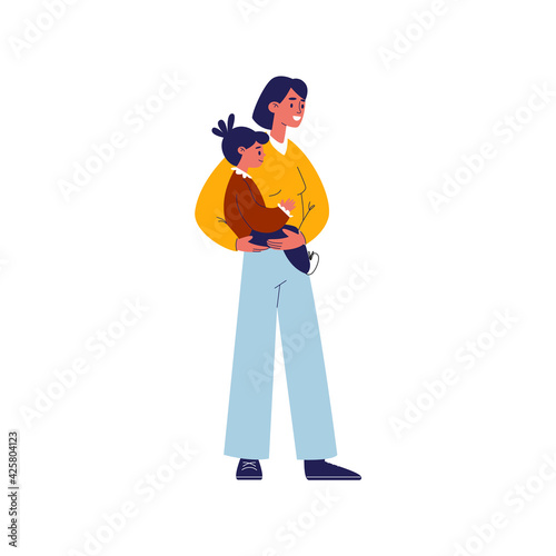 Mom and daughter. Young mother with her daughter. Mother in casual clothes holds her little child in her arms. Vector illustration cartoon family isolated on white background.