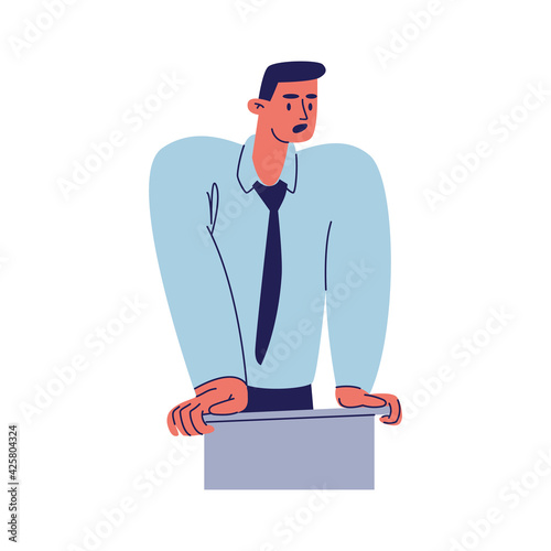 Speech at the podium. A man in a blue shirt with a tie is talking in a shirt and tie. Vector illustration of male cartoon character isolated on white background.