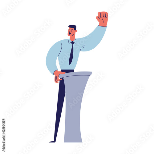 A man in a shirt and tie with a raised hand clenched his fist. A young man shows a gesture of strength and confidence behind the podium. Vector illustration of cartoon male character isolated on white