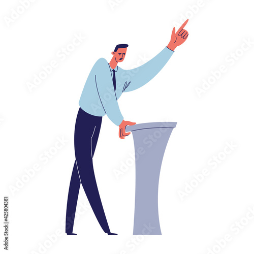 A speaker in a shirt and tie is giving a lecture. A young man, pointing to an important thing, is having a conversation behind the podium. Vector illustration isolated on white 