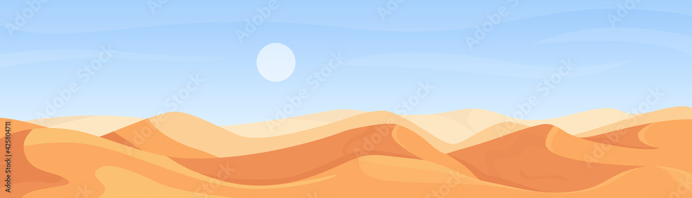 Fototapeta Desert nature wide panorama landscape in Africa, cartoon deserted scenery in summer heat weather, egyptian sahara scene vector illustration