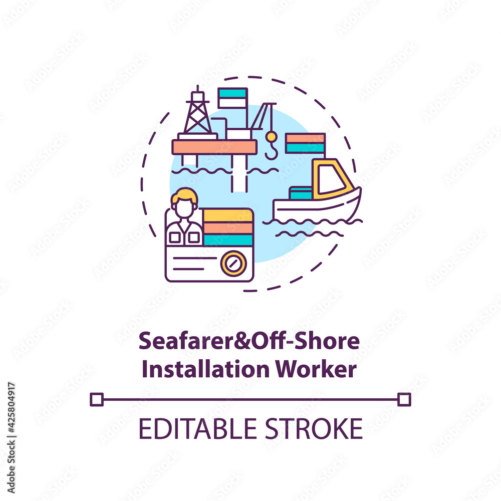 Seafarer and offshore installation worker concept icon. Maritime industry professions. Jobs for migrant workers idea thin line illustration. Vector isolated outline RGB color drawing. Editable stroke