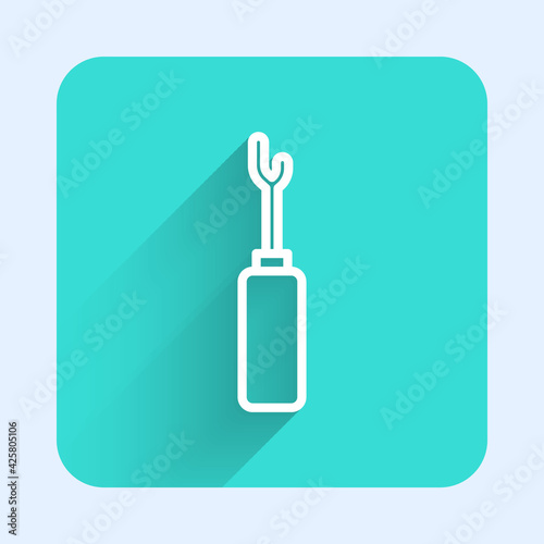 White line Awl tool with wooden handle icon isolated with long shadow. Work equipment tailor industry. Green square button. Vector
